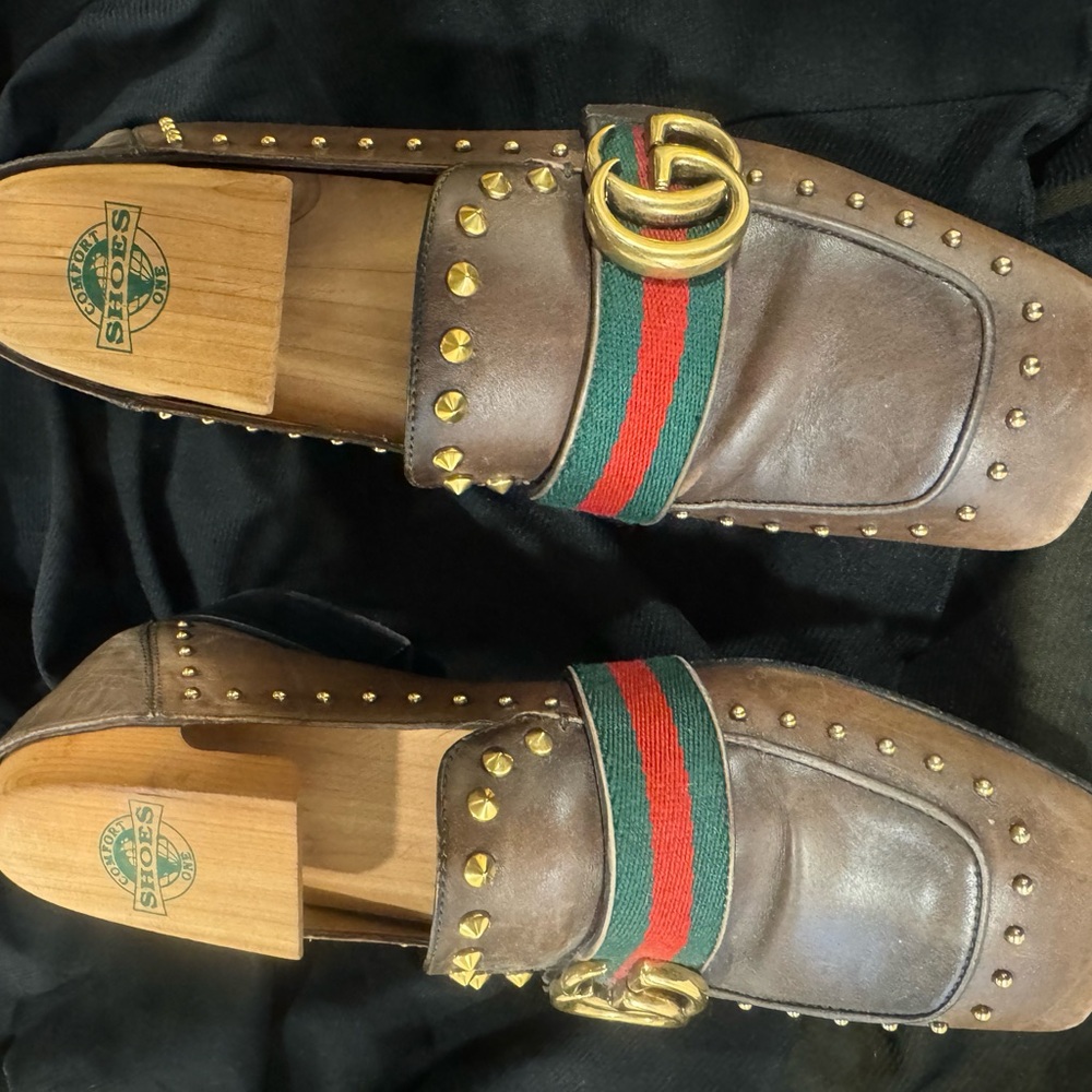 Gucci Brown Leather Loafers with Gold Studs